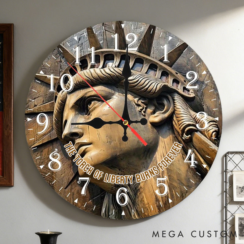 Personalized Man Woman The Torch of Liberty Burns Forever Wall Clock Custom 3D Effect Clock Independence Day Gift Valentine's Day Gift for Him Her