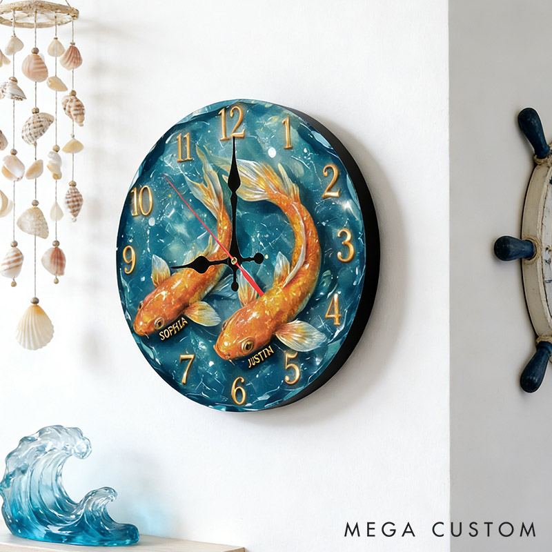 Personalized Koi Fish Couple Wall Clock Custom Romantic Koi Fish Couple Swimming Together 3D Effect Clock Anniversary Valentine's Day Gift for Him Her