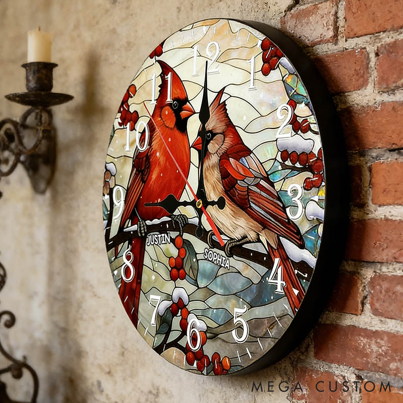 Personalized Couple Vibrant Cardinals Perched on a Branch Wall Clock Custom Stained Glass Design Clock Anniversary Valentines Day Gift for Him Her