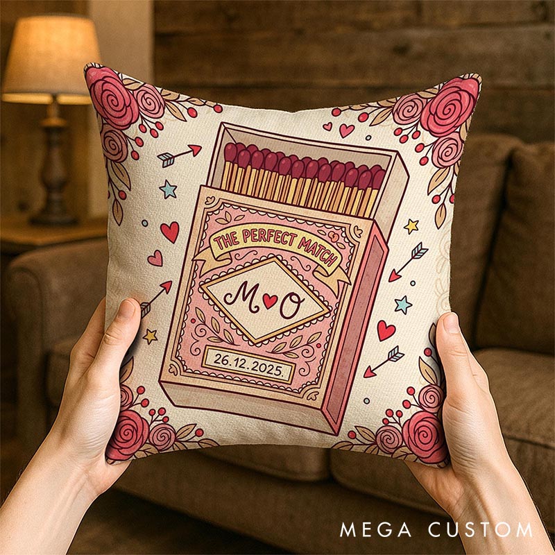 Personalized The Perfect Match Pillow Romantic Matchbox Design Couple Pillow Valentine's Gift Throw Pillow for Wife Anniversary Gift