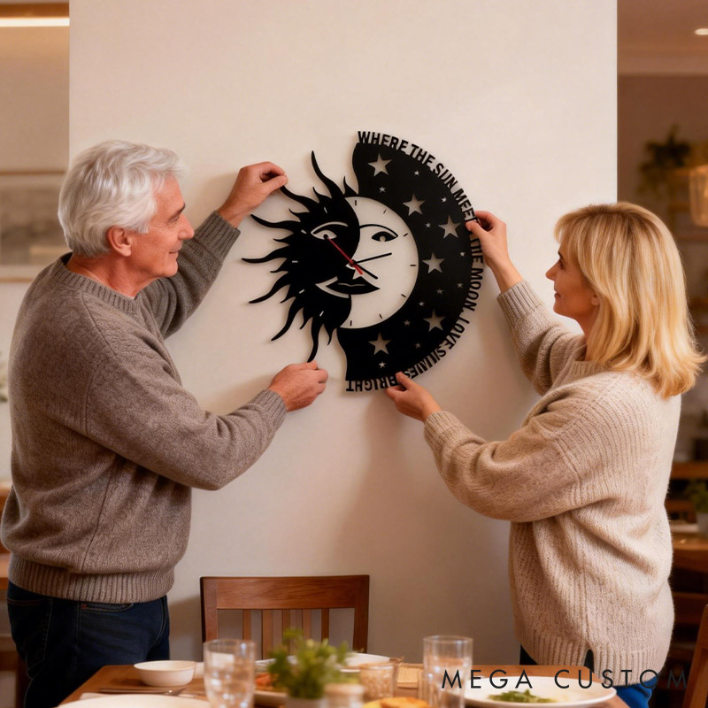 Personalized Couple Where the Sun Meets the Moon Love Shines Bright Metal Wall Clock Custom Wall Clock Anniversary Valentines Day Gift for Him Her