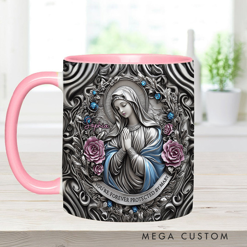 Personalized You're Forever Protected by Mary 11oz Ceramic Mug with Custom Name Religious 3D Coffee Mug Catholic Gift for Women