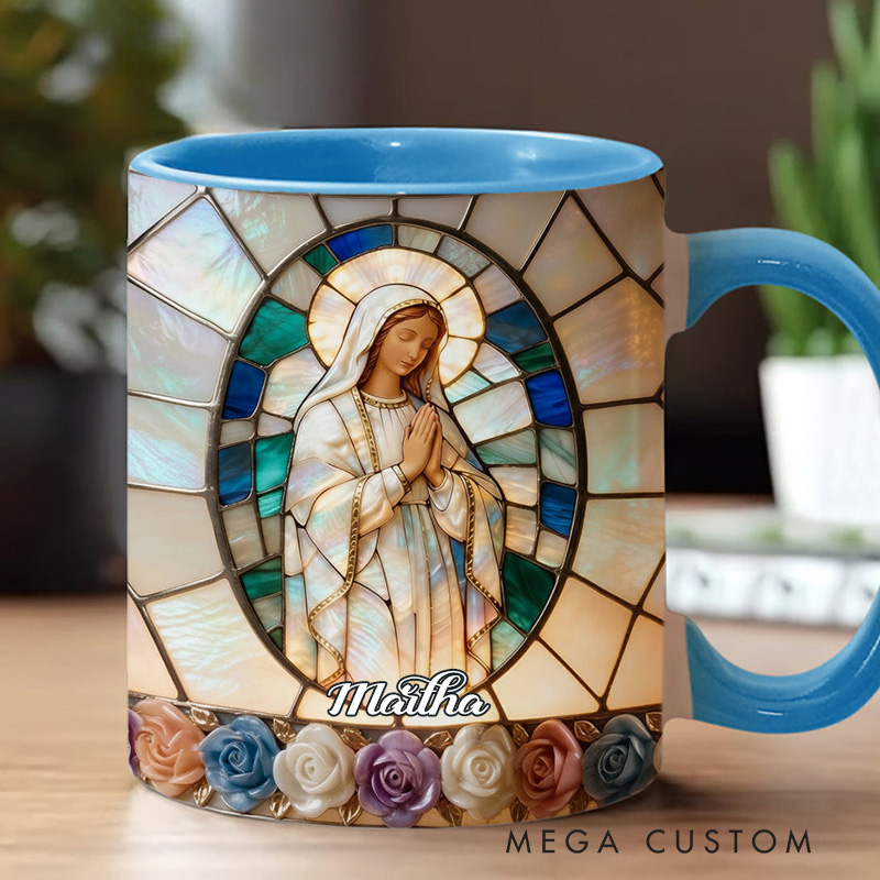 Personalized Our Lady of Grace Stained Glass 11oz Ceramic Mug with Custom Name Religious 3D Coffee Mug Catholic Gift for her
