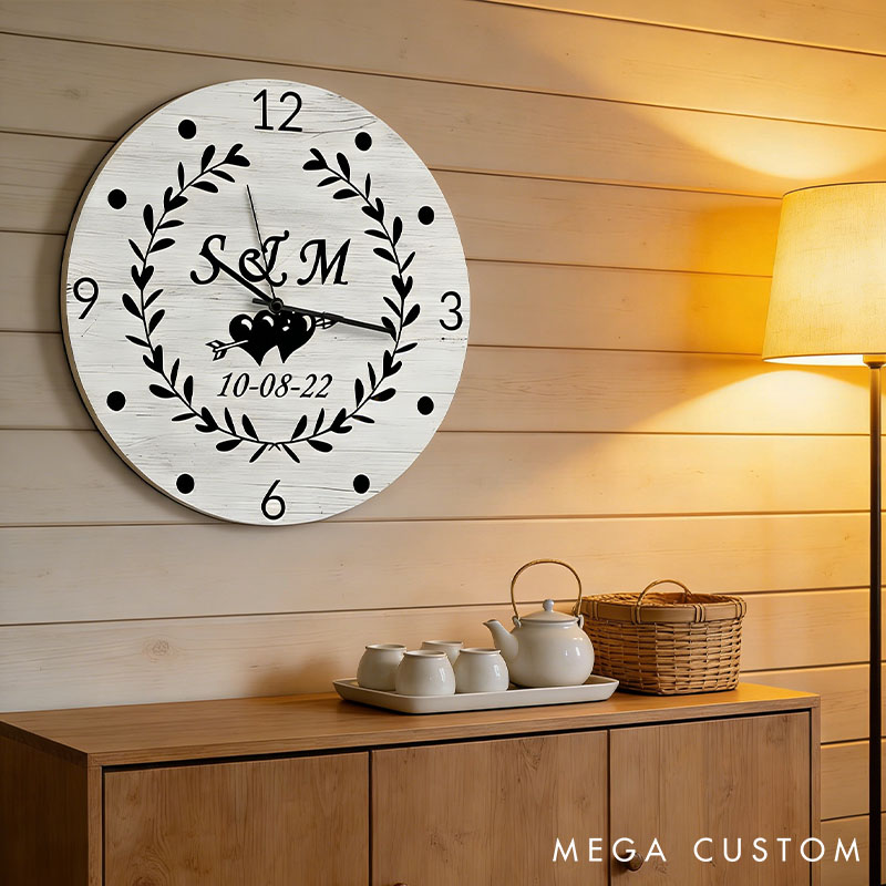 Personalized Couple Initials with Laurel Wreath Wall Clock Custom Newlyweds Wall Clock with Name and Date Anniversary Valentines Day Gift for Him Her