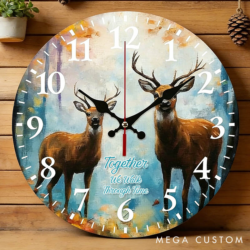 Personalized Deer Couple Together We Walk Through Time Wall Clock Custom Watercolor Style Wall Clock Anniversary Valentines Day Gift for Him Her