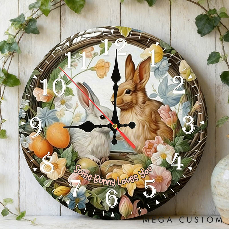 Personalized Couple Some Bunny Loves You Wall Clock Custom Easter Floral Bunny with Eggs Wall Clock with Text Easter Gift for Him Her Anniversary