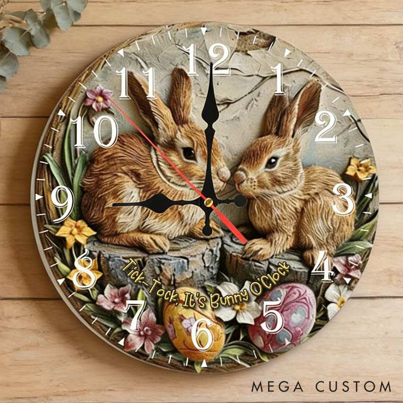 Personalized Couple Tick-Tock It’s Bunny O'Clock Wall Clock Custom Easter Bunny 3D Effect Wall Clock with Text Couple Easter Gift for Him Her