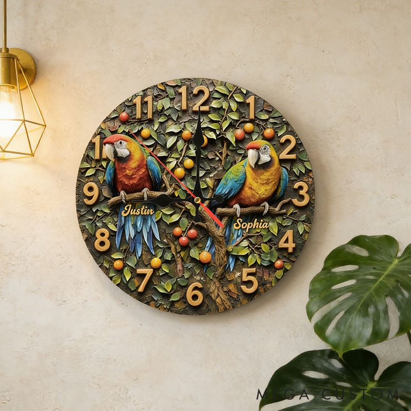 Personalized Parrot Couple Wall Clock Custom Couple Bird on a Branch 3D Effect Wall Clock with Name Couple Anniversary Valentines Day Gift for Him Her