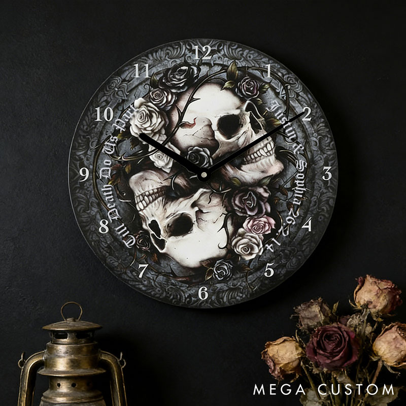 Personalized Skull Couple Till Death Do Us Part Wall Clock Custom Retro Gothic Style 3D Effect Wall Clock Anniversary Gift Valentine's Day Gift