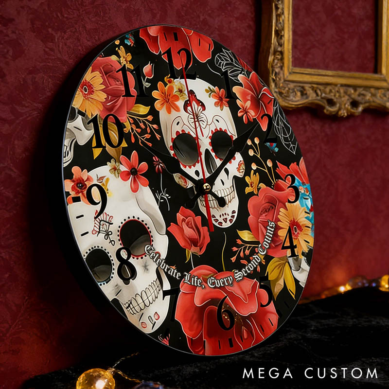 Personalized Skull Couple Celebrate Life Every Second Counts Wall Clock Custom Retro Gothic Style 3D Effect Wall Clock Anniversary Valentines Day Gift