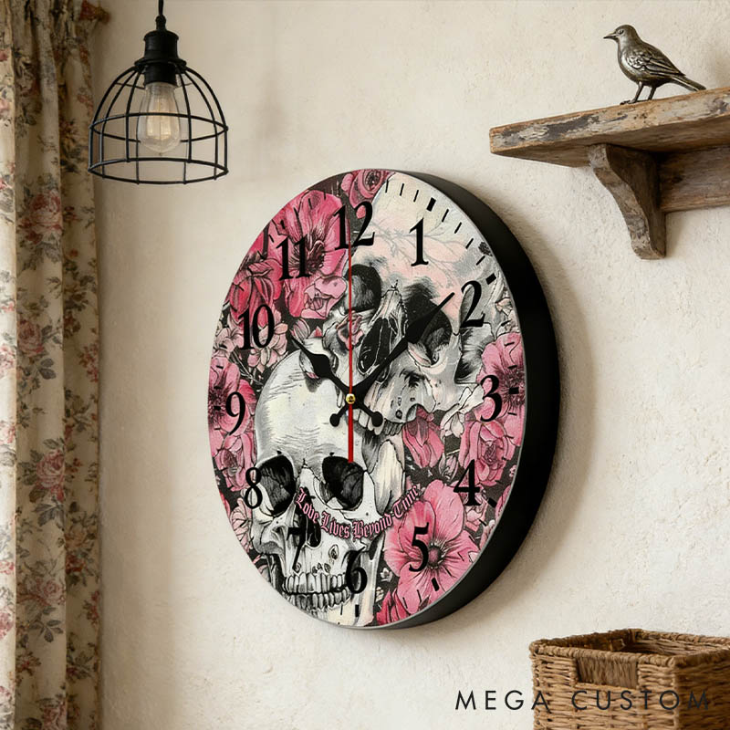 Personalized Floral Skull Couple Love Lives Beyond Time Wall Clock Custom Retro Gothic Style 3D Effect Wall Clock Anniversary Gift Valentines Day Gift