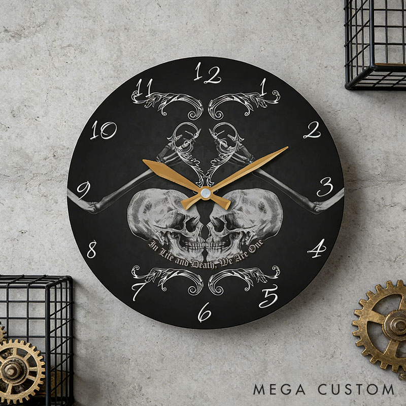 Personalized Skull Couple In Life and Death We Are One Wall Clock Custom Retro Gothic Style 3D Effect Wall Clock Anniversary Gift Valentines Day Gift