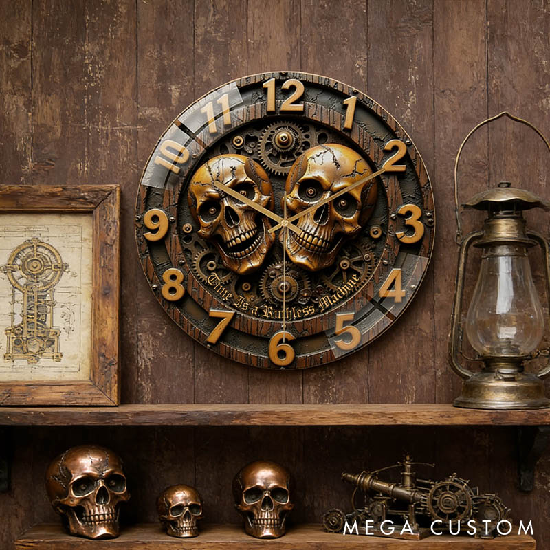 Personalized Skull Couple Time Is a Ruthless Machine Acrylic Wall Clock Custom Imitation Wood 3D Effect Wall Clock Anniversary Valentines Day Gift