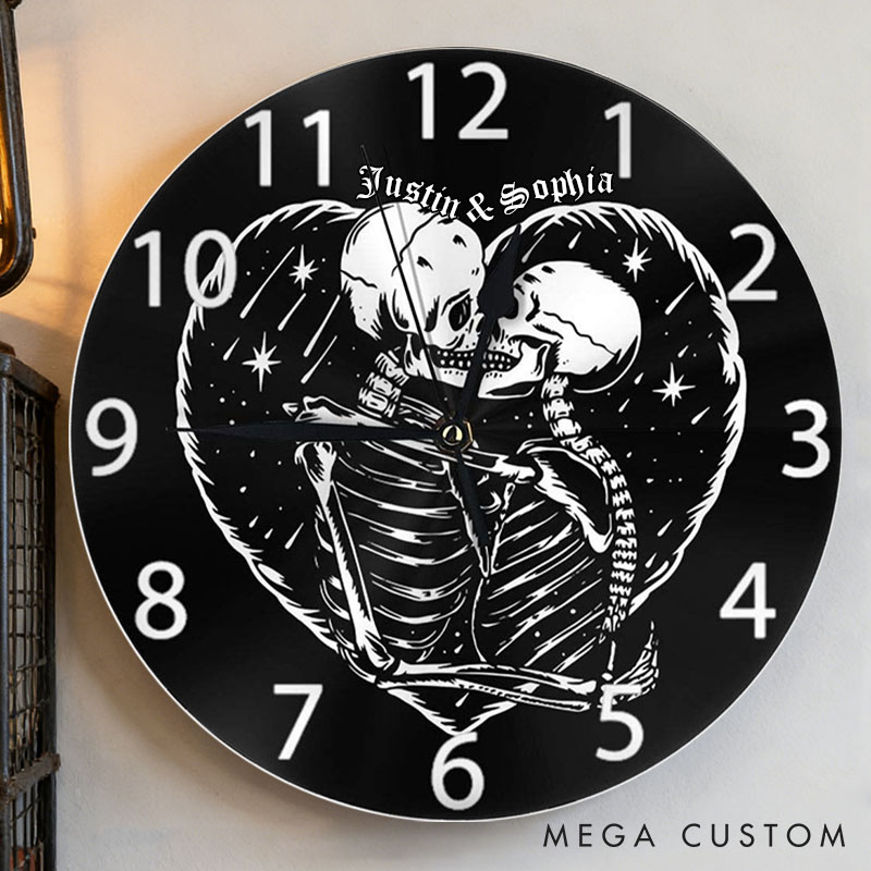 Personalized Skeleton Couple Embracing Wall Clock Custom Couple Till Death Do Us Part Wall Clock with Name Anniversary Valentines Day Gift for Him Her