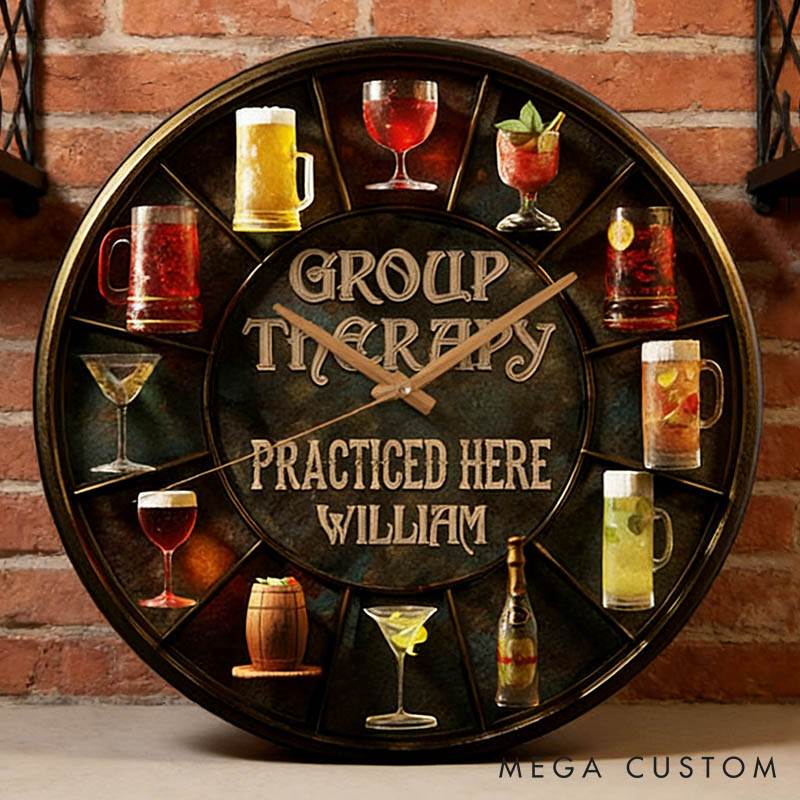 Personalized Man Group Therapy Practiced Here Wall Clock Custom Boyfriend Husband Alcohol Enthusiast Wall Clock Anniversary Valentines Day Gift