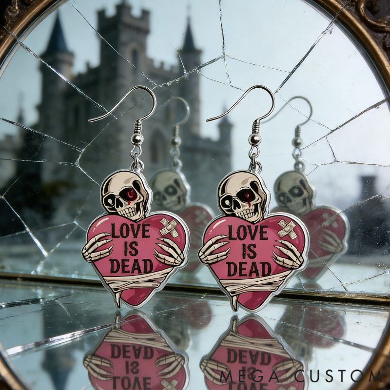 Personalized Acrylic Skull Heart Statement Earrings Dark Sweet Goth Style with "LOVE IS DEAD" for Edgy Fashion Fans