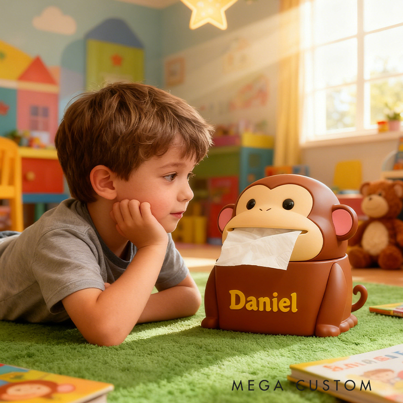 Personalized 3D Printed Monkey Tissue Box Cover - Custom Name Kids' Room Decor
