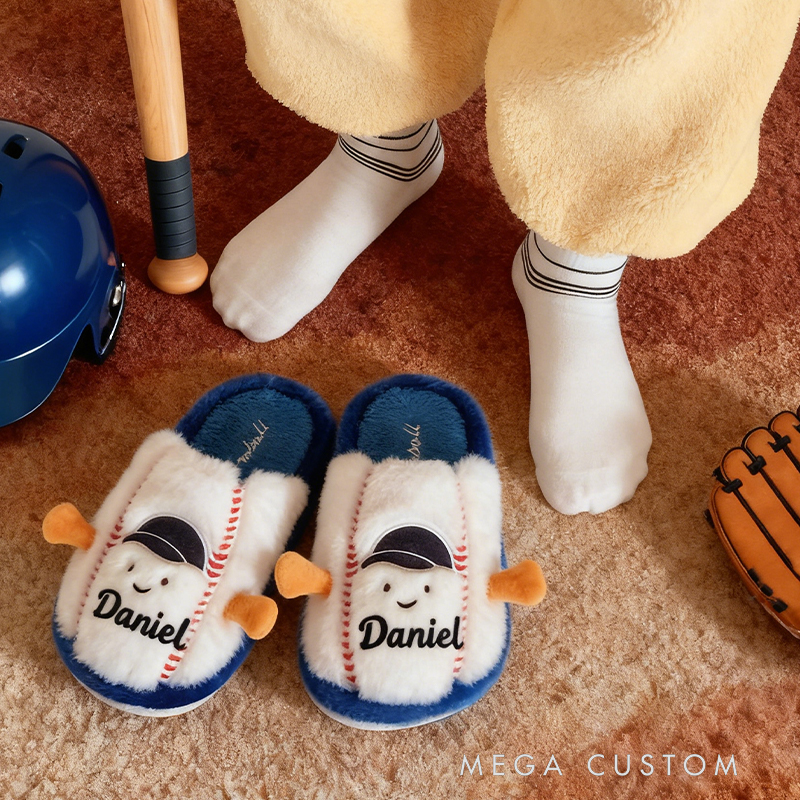 Personalized Custom Name Baseball Plush Slippers - Personalized Kids' Indoor Shoes with Smile Face Design