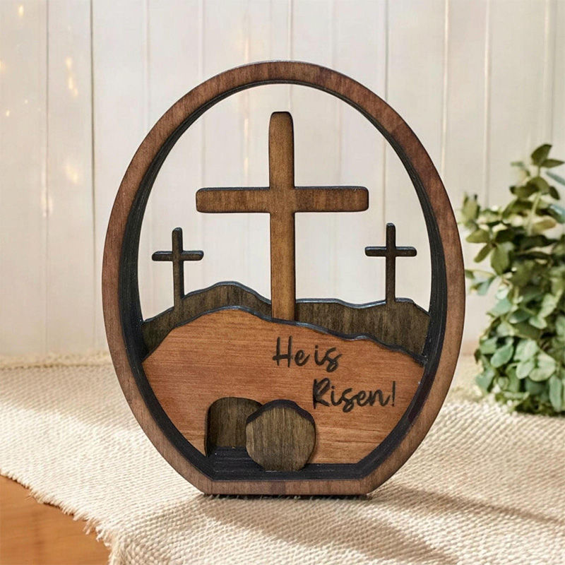 Personalized He is Risen Empty Tomb Scene Wood Egg with Custom Text Easter Decor Resurrection Scene Gift Religious Gift Easter Gift 