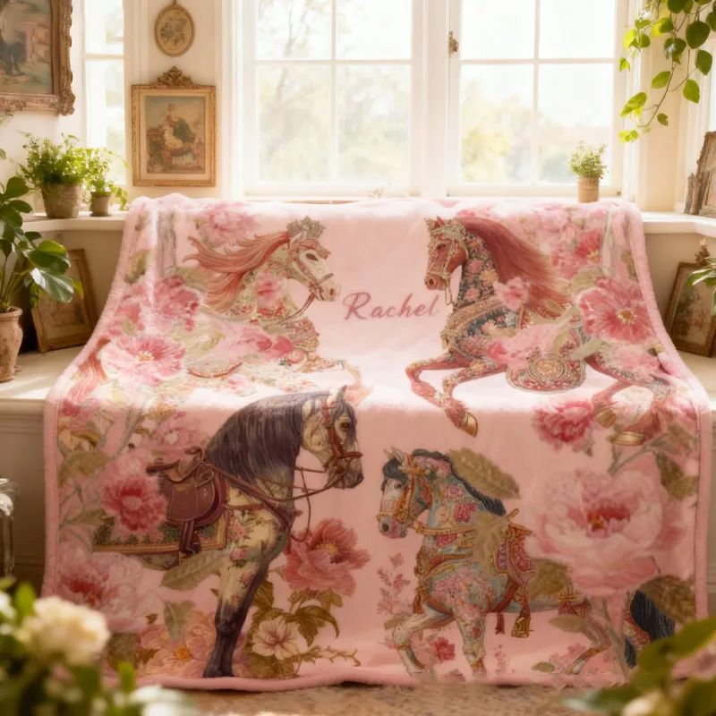 Personalized Riding Floral Blanket Equestrian Horse Custom Name Festive Flower Decor with French Countryside Gifts Family Blanket for Riding Lovers Equestrian Lovers