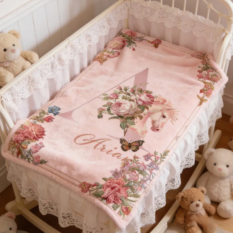 Personalized Initials Letter Riding Floral Blanket Floral Horse Custom Name Festive Flower Decor with French Countryside Gifts Family Blanket for Riding Lovers Equestrian Lovers