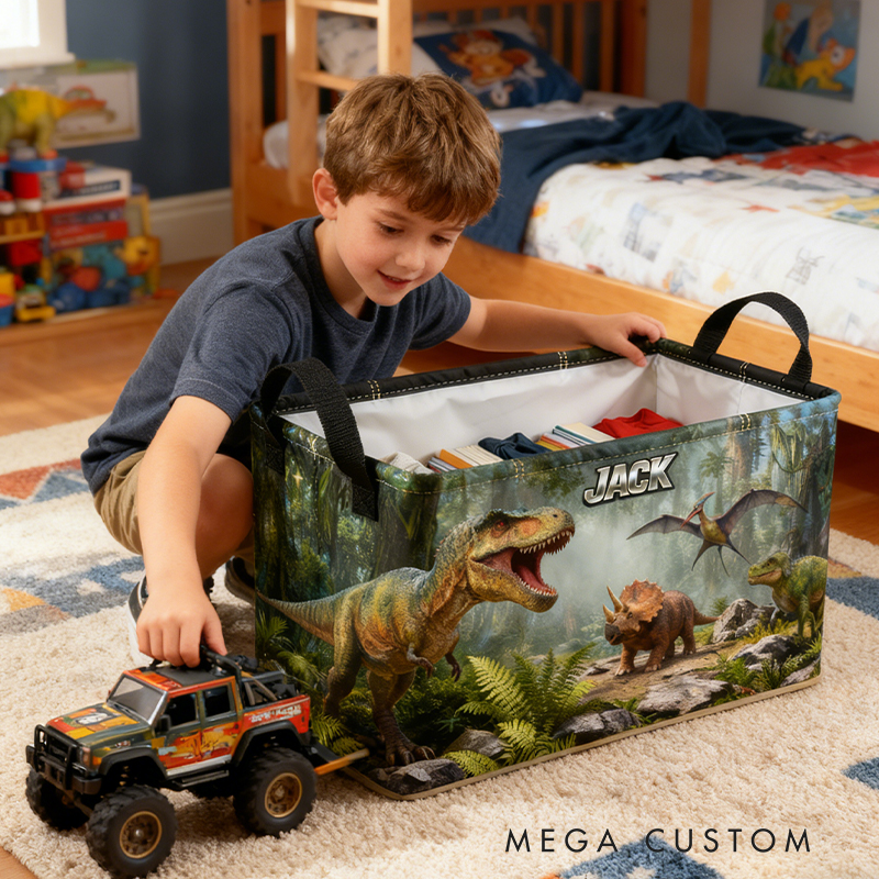 Personalized Custom Name Dinosaur Storage Bin - Kids' Jurassic-Themed Toy Organizer
