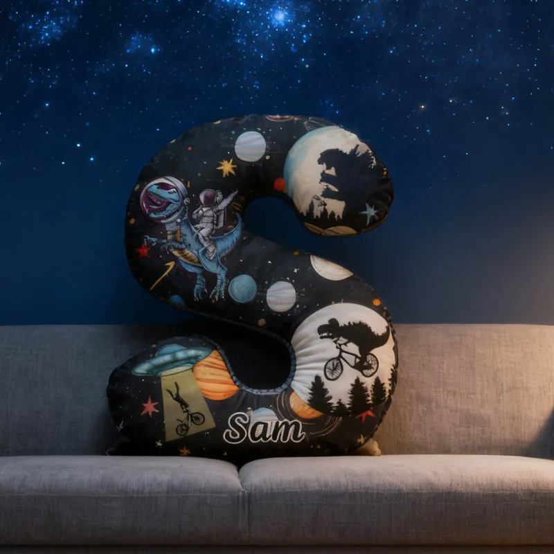 Personalized Dinosaur Space Bike Letter Pillow Graphic 3D Print Dino Galaxy Letter Pillow Name Pillow Comfortable Travel Cushion for Kids Riding Lovers