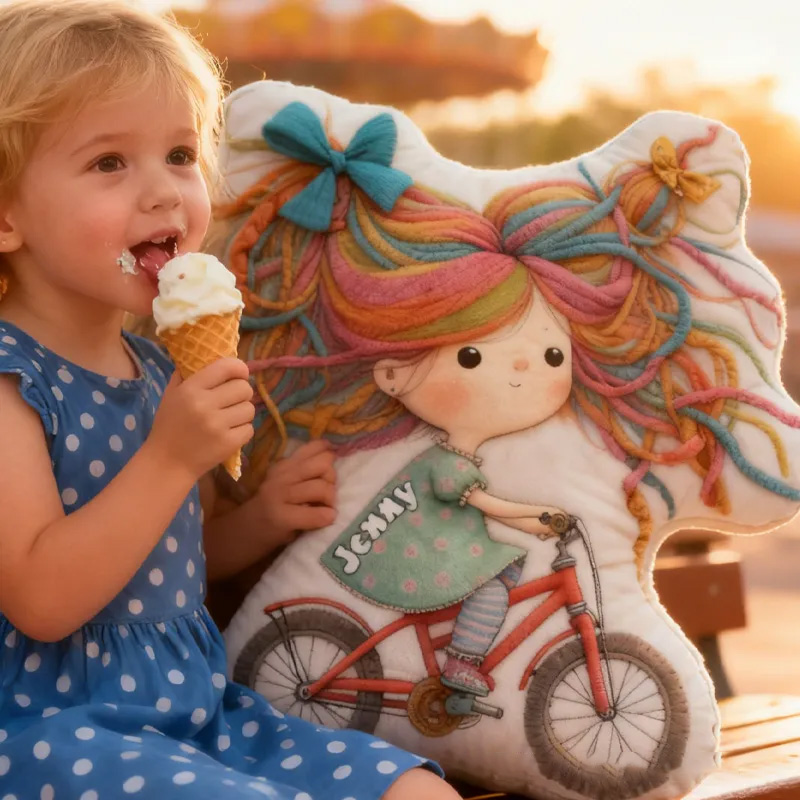 Personalized Quirky Girl Bike Pillow Rainbow Hair Cozy Graphic 3D Print Dreaming Princess Pillow Whimsical Girl Name Pillow Comfortable Travel Cushion for Kids Girls Riding Lovers