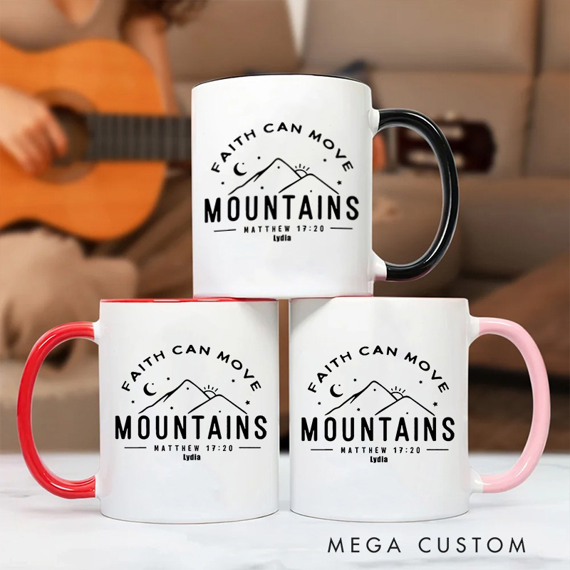 Personalized Faith Can Move Mountains Bible Verse Ceramic Inner Color Mug with Mountains and Stars Pattern Custom Name Mug Birthday Gift for Christians