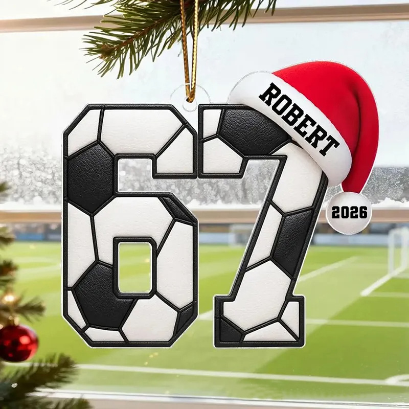 Personalized Name 67 Sport Acrylic Christmas Ornament, Soccer Baseball Volleyball Basketball Ornament, Six Seven Ornament Gen Alpha Humor 67 Meme Ornament