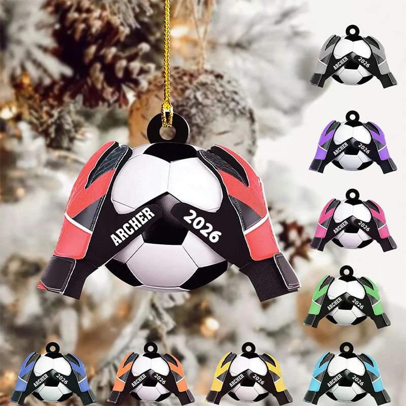 Personalized Acrylic Soccer Ball Christmas Ornament with Custom Name, Year, and Goalkeeper Gloves Design