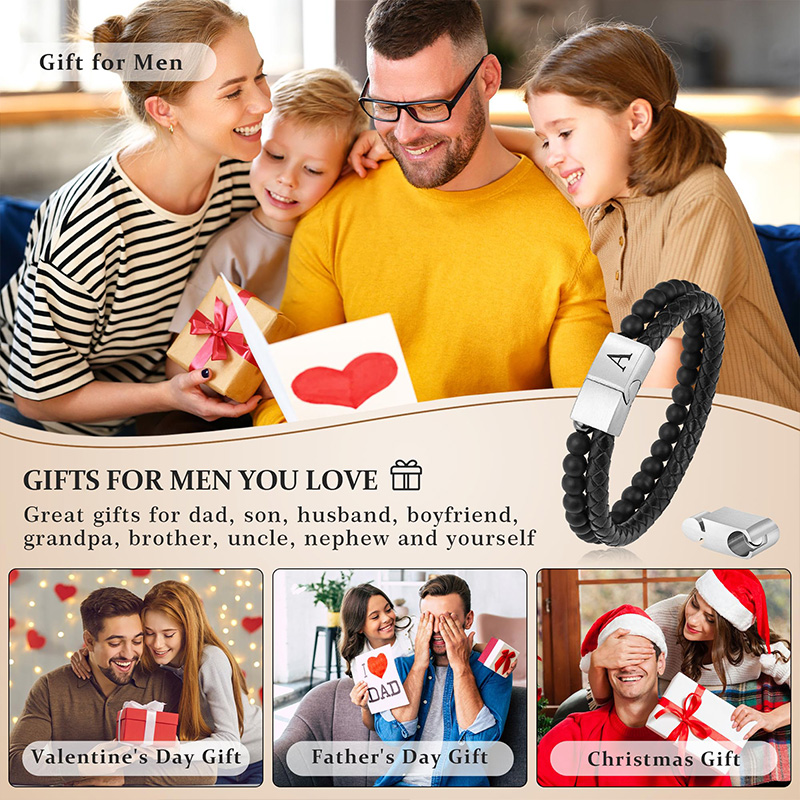 Personalized Beaded Leather Initial Bracelet 6mm Matte Agate Stone Handmade Bracelets Adjustable Mens Bracelet Magnetic Clasp Father's Day gift for Men Bracelets Valentine's Day Gift for groomsman 