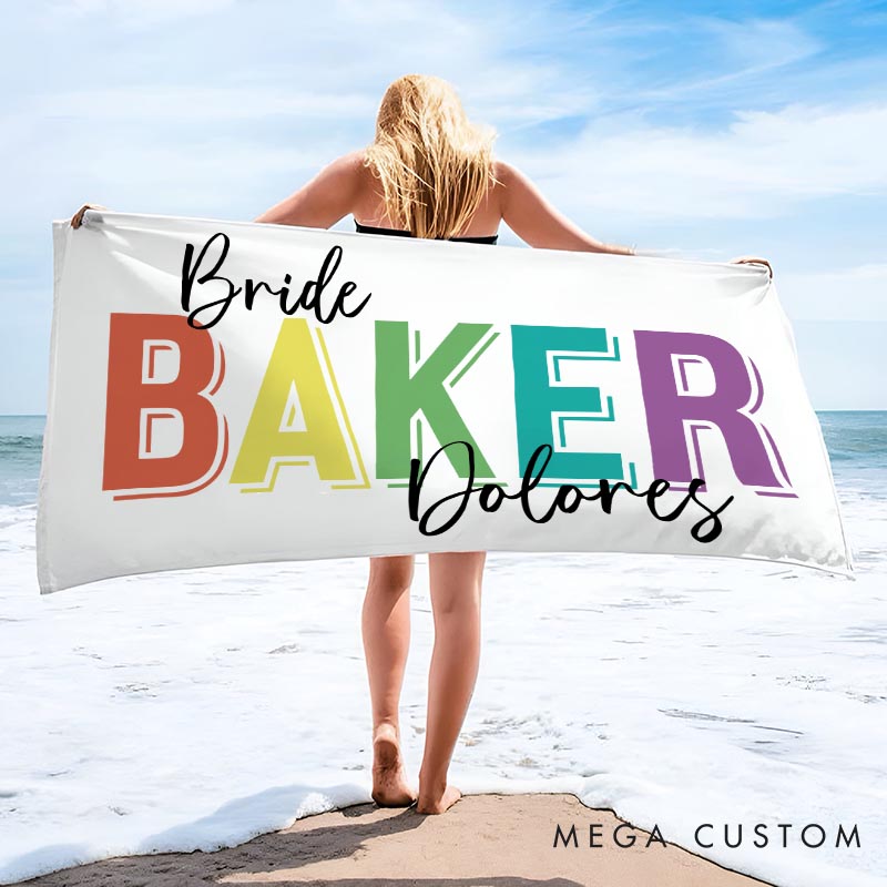 Personalized Bridesmaid Colorful Beach Towel Bride Name Beach Towel Bachelorette Party Gift