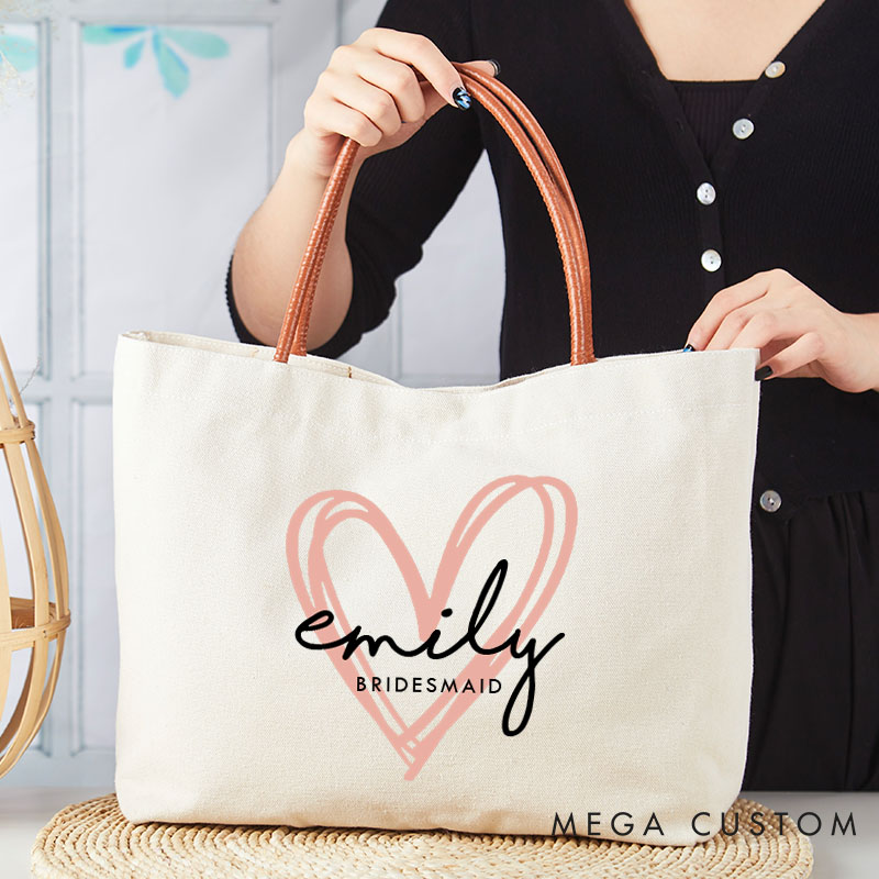 Personalized Bridesmaid Pink Heart Tote Bag with Name Bride Tote Bridal Party Gift