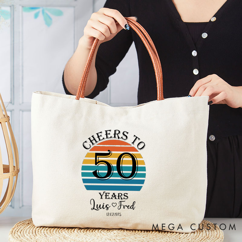 Personalized 50th Anniversary Handbag for Couple Large Capacity Anniversary Gift Simple Leather-Rope Canvas Bag