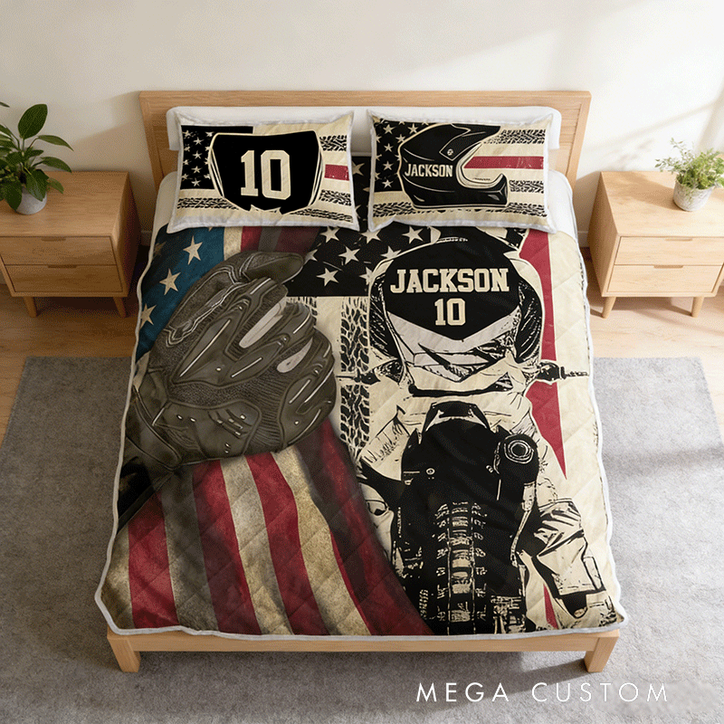 Personalized Motocross Quilt Bed Set Custom Motor Sport Bedding Gift for Dirt Bike Lover 