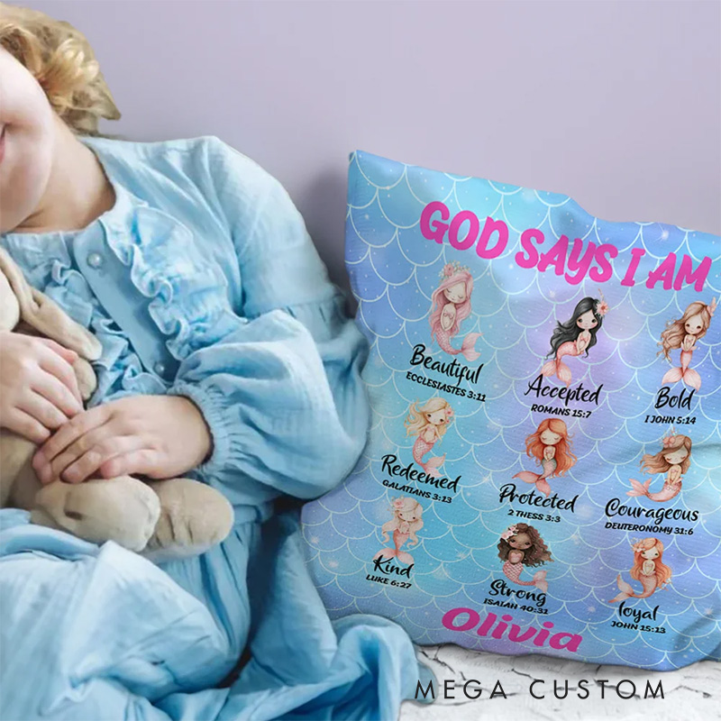 Personalized God Says I Am Colorful Mermaid Throw Pillow with Name and Bible Verse Home Decor Birthday Gift for Girls