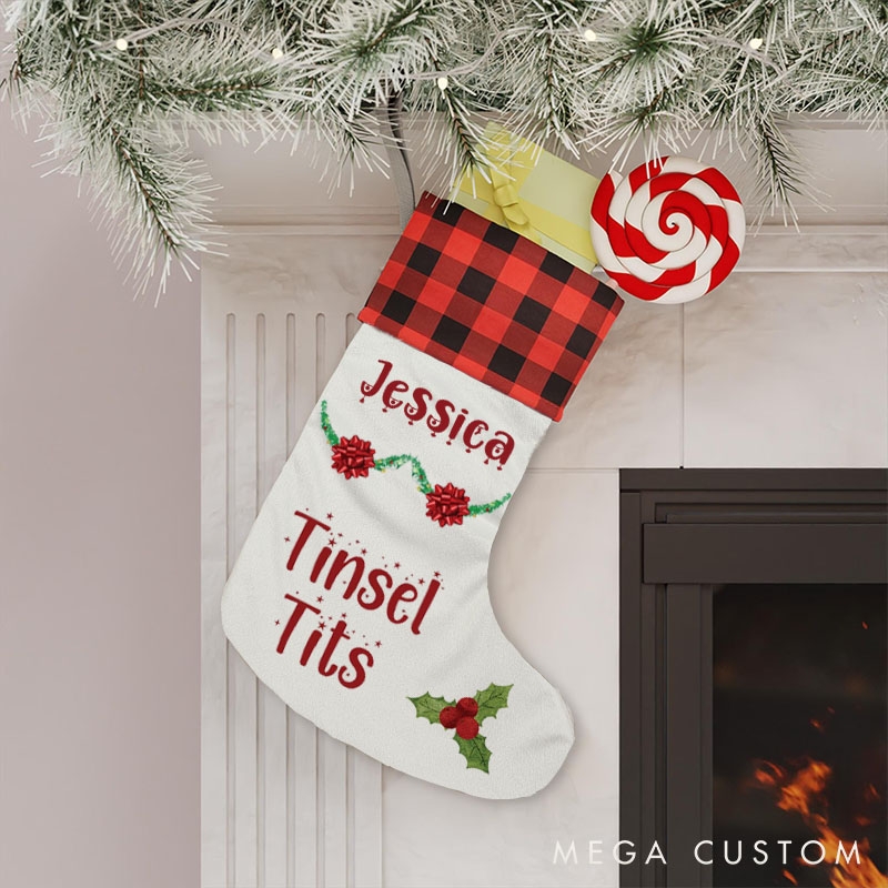 Personalized Couple Jingle Balls Tinsel Tits Christmas Stocking Funny Matching Christmas Stocking