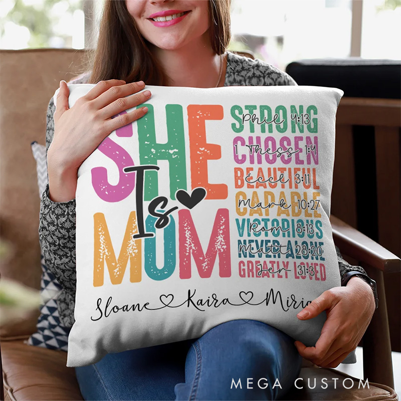 Personalized Colorful Letter She Is Mummy Bible Verse Throw Pillow with Nickname Mother's Day Birthday Gift Religious Gift for Mother Grandmother