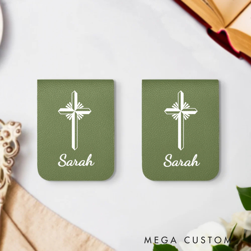 Personalized Cross Birth Flowers Magnetic Leather Bookmark Clip with Name Baptism Birthday Gift for Bookworms Christian Bible Reader