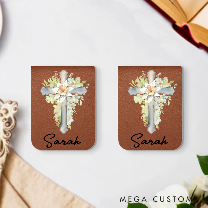 Personalized Watercolor Cross 1-5 Birth Flowers Magnetic Leather Bookmark Clip with Name Birthday Gift for Bible Reader Book Lover Christian