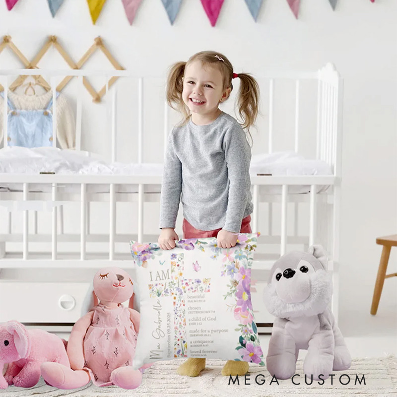 Personalized Floral Cross Bible Scripture Throw Pillow with Name The First Baptism Communion Confirmation Gift for Girls