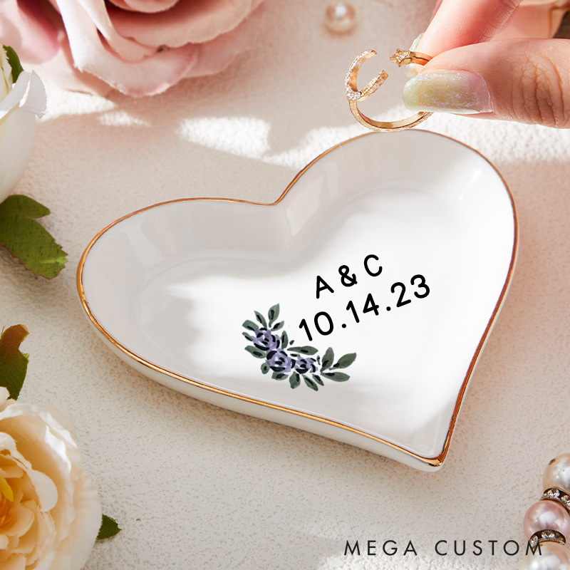 Personalized Elegant Watercolor Purple Floral with Initials Wedding Engagement Gold-Trimmed Ring Dishes