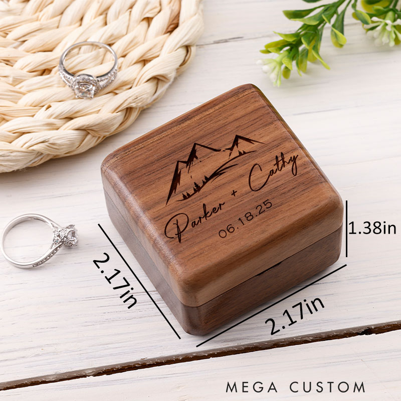 Personalized Mountain Peaks Couple Engagement Wedding Engraved Walnut Ring Box