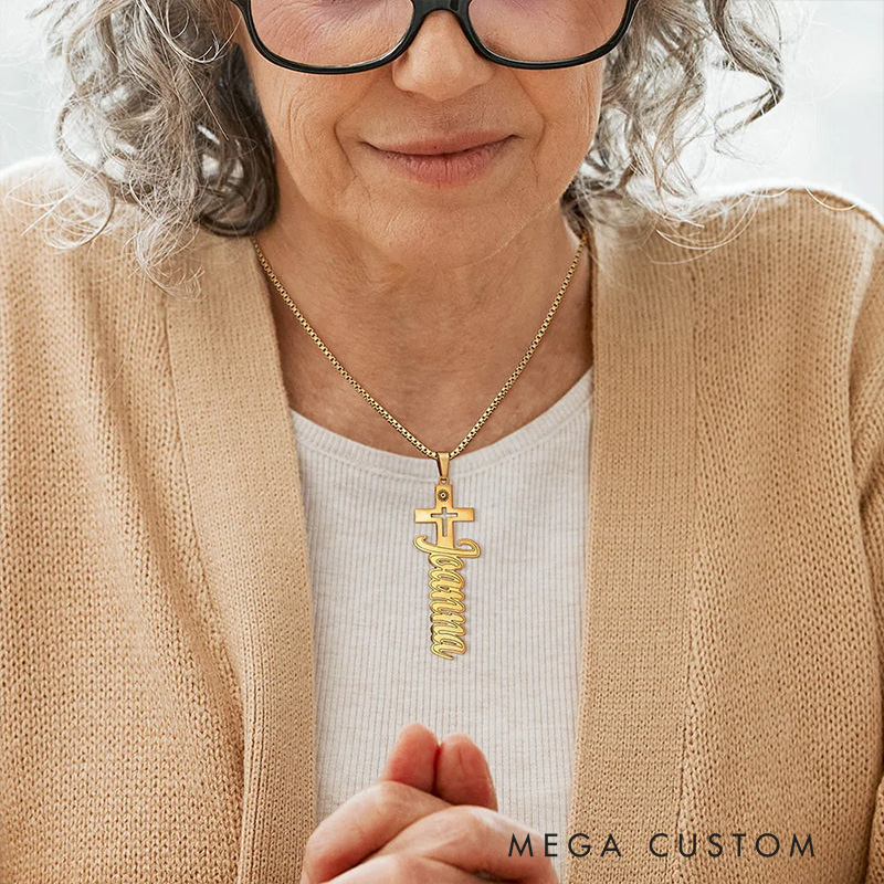 Personalized Dainty Name Cross Necklace Religious Jewelry Baptism Gift Christmas Gift for Christian Women