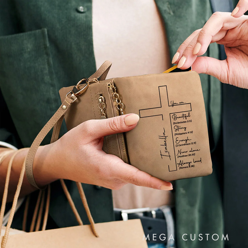 Personalized Cross Bible Verse Wristlet Tri-fold Leather Wallet with Name and Card Slots Birthday Baptism Gift for Christians Women