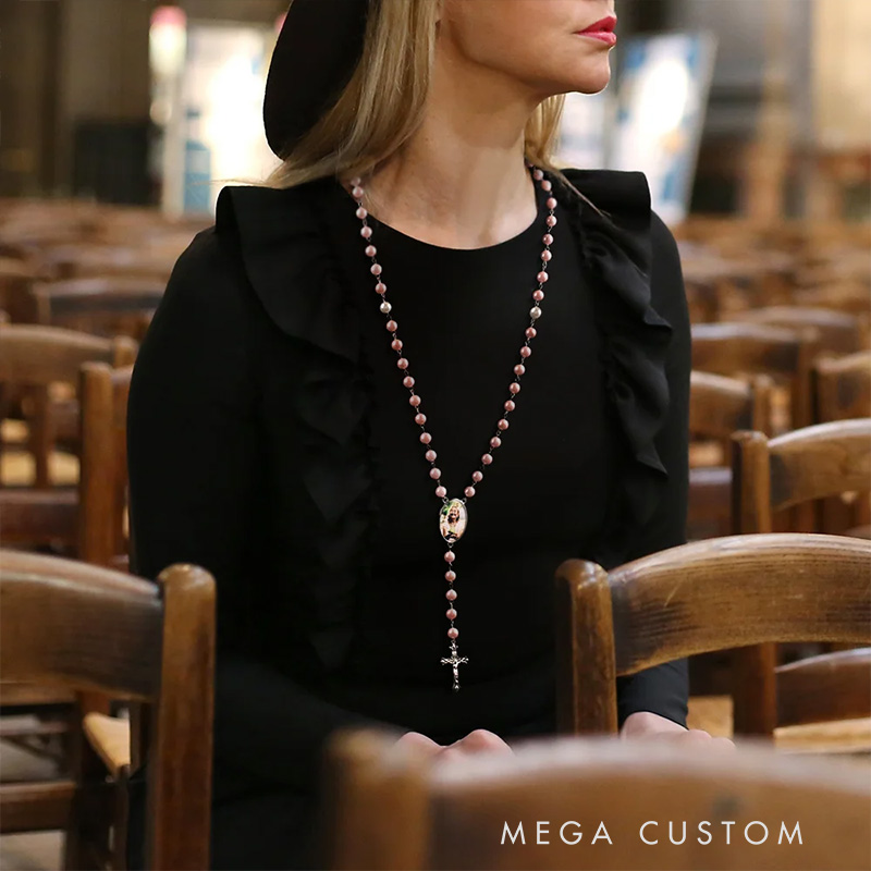 Personalized Multi-Color Rosary Beads Necklace with Photo Cross Pendant Memorial Gift for Women Catholic Rosary Necklace Loss Gifts