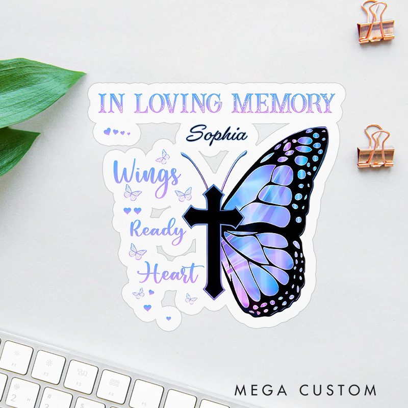 Personalized In Loving Memory Butterfly Cross Sticker with Custom Name for Memorial Gifts