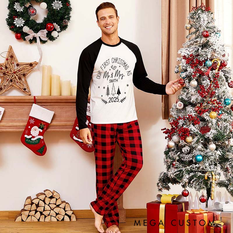Personalized Couple Our First Christmas as Mr. and Mrs. with Christmas Tree Matching Pajamas Christmas Pjs for Husband Wife Boyfriend Girlfriend