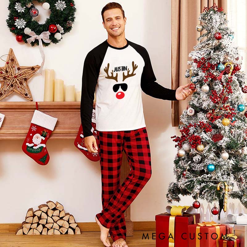 Personalized Couple Cute Reindeer with Sunglasses Xmas Matching Pajamas Christmas Matching Pjs for Husband Wife Boyfriend Girlfriend